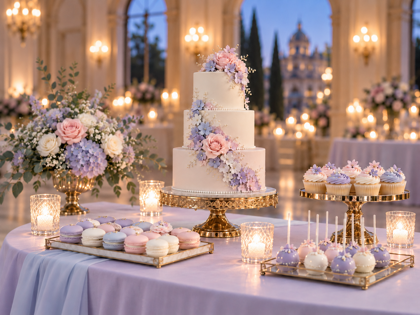Pastel y mesa de dulces en tonos lavanda, rosa pétalo y blanco perla