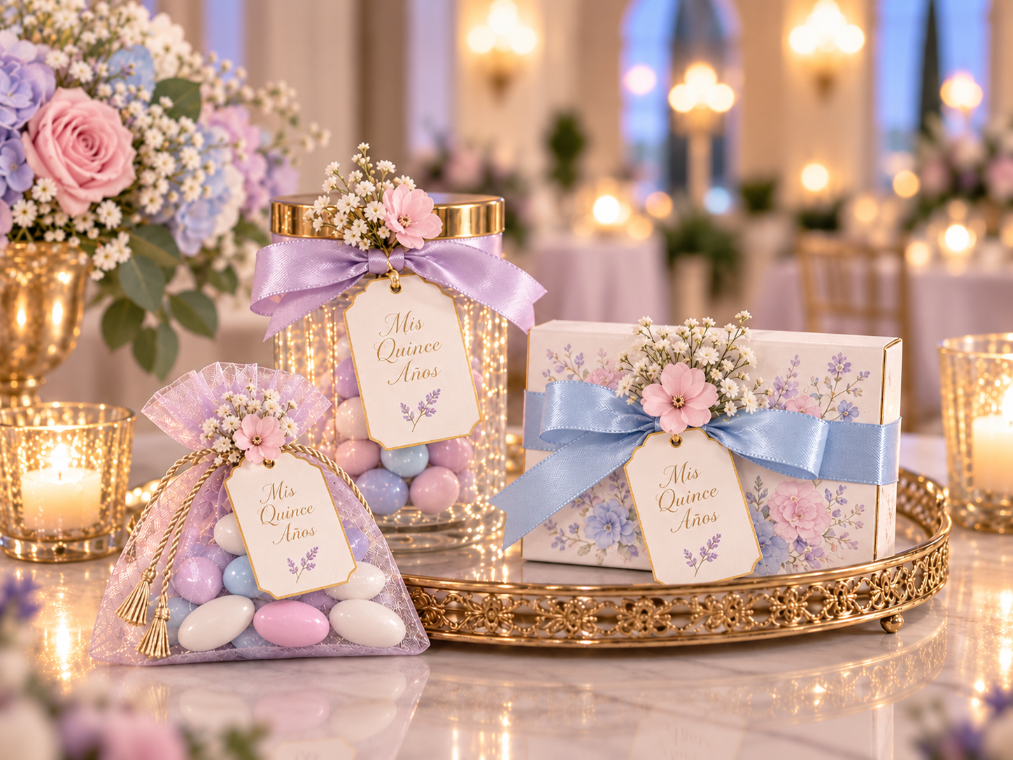 Recuerdos de quince años coordinados con la decoración