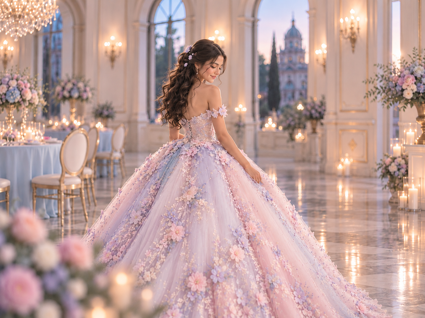 Samantha con su vestido de quinceañera en tonos lavanda y rosa pétalo